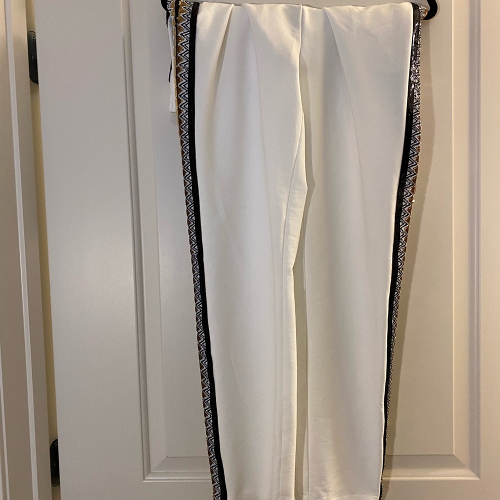 NWT Kobi Halperin Noa Pant, white stretchy pants, glittery side trim, size large
